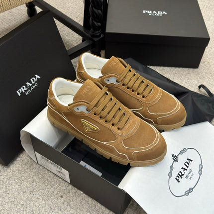 PRADA 25S SNEAKERS 20MM IN CARAMEL BROWN SUEDE