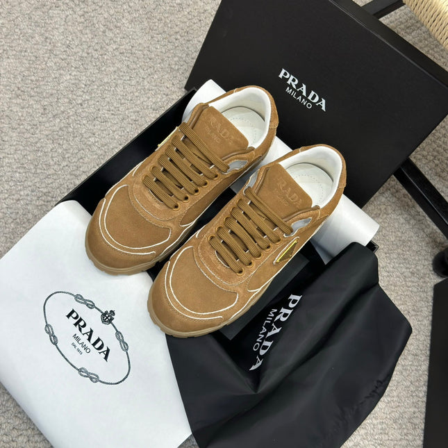 PRADA 25S SNEAKERS 20MM IN CARAMEL BROWN SUEDE