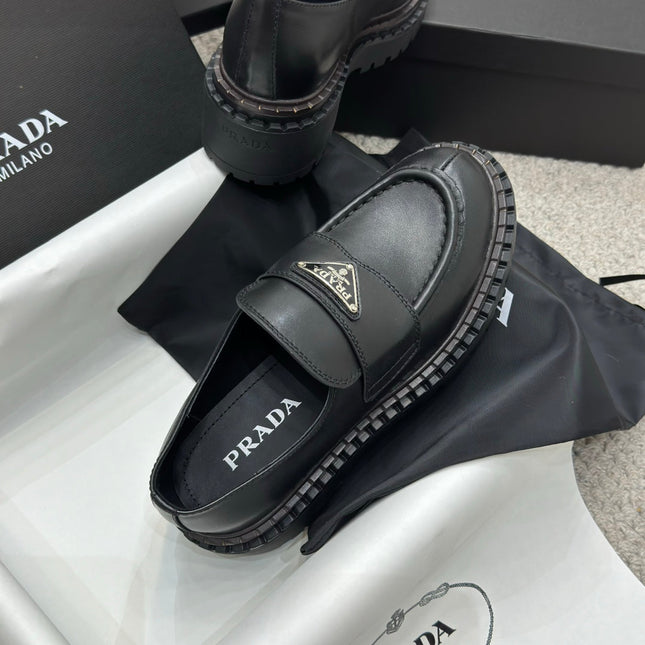 PRADA 25S LOAFER 50MM IN BLACK CALFSKIN LOGO