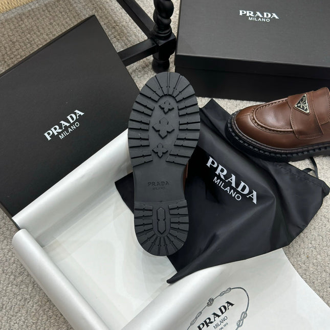 PRADA 25S LOAFER 50MM IN DARK BROWN CALFSKIN LOGO