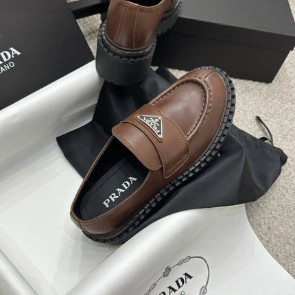 PRADA 25S LOAFER 50MM IN DARK BROWN CALFSKIN LOGO