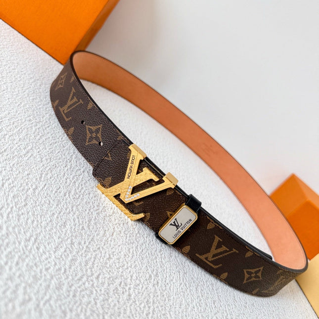 BELT 38MM REVERSIBLE IN BROWN MONOGRAM CALFSKIN WITH GOLD DIAMOND EMBELLISHED BUCKLE