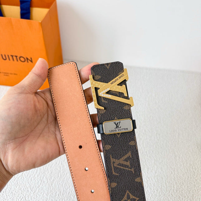 BELT 38MM REVERSIBLE IN BROWN MONOGRAM CALFSKIN WITH GOLD DIAMOND EMBELLISHED BUCKLE