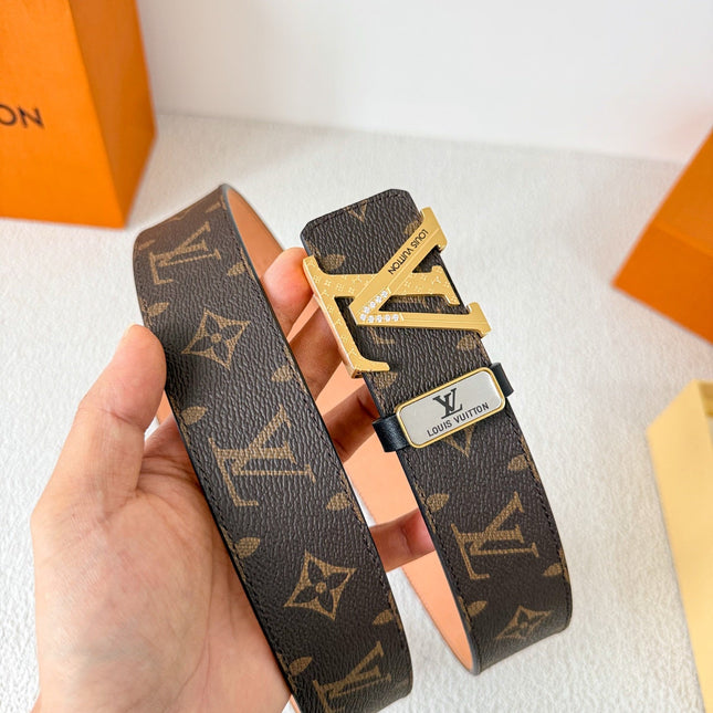 BELT 38MM REVERSIBLE IN BROWN MONOGRAM CALFSKIN WITH GOLD DIAMOND EMBELLISHED BUCKLE
