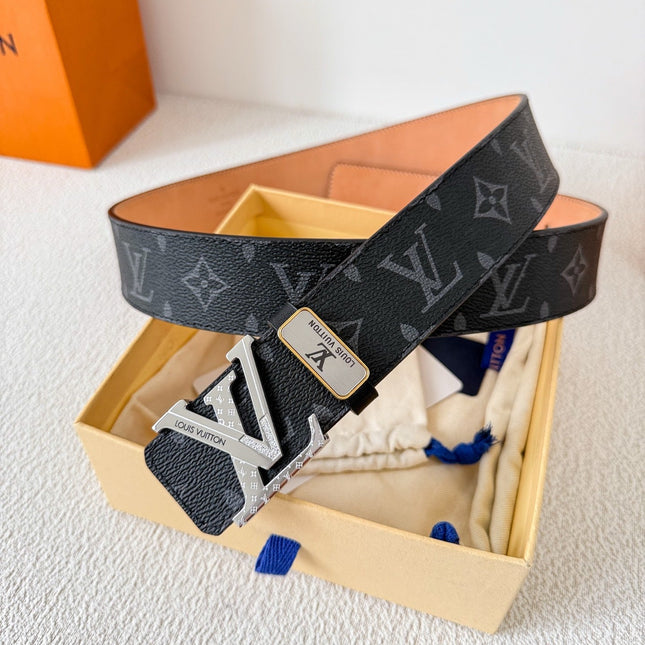 BELT 38MM REVERSIBLE IN BLACK MONOGRAM CALFSKIN WITH SILVER DIAMOND EMBELLISHED BUCKLE