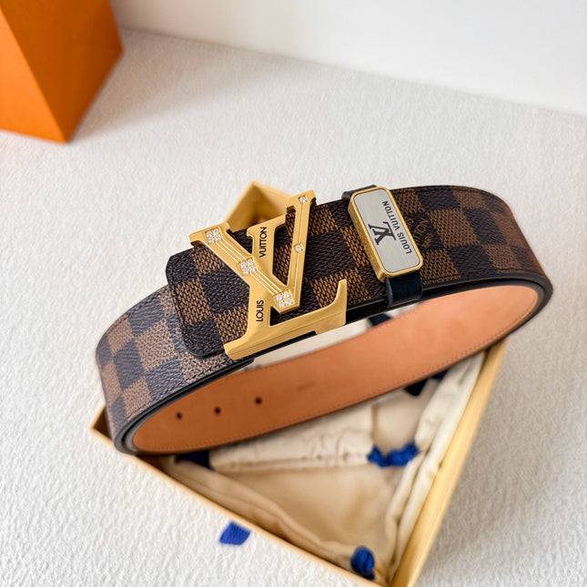 BELT 38MM IN BROWN DAMIER CALFSKIN WITH GOLD BUCKLE EMBELLISHED WITH CRYSTALS