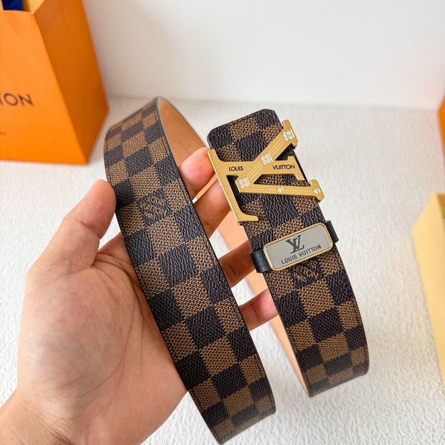 BELT 38MM IN BROWN DAMIER CALFSKIN WITH GOLD BUCKLE EMBELLISHED WITH CRYSTALS