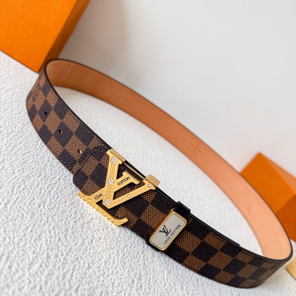 BELT 38MM IN BROWN DAMIER CALFSKIN WITH GOLD BUCKLE EMBELLISHED WITH CRYSTALS