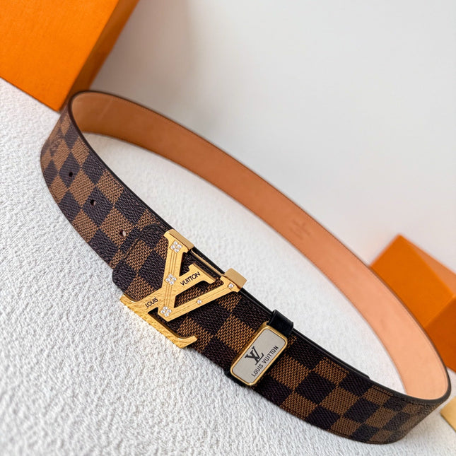 BELT 38MM IN BROWN DAMIER CALFSKIN WITH GOLD BUCKLE EMBELLISHED WITH CRYSTALS