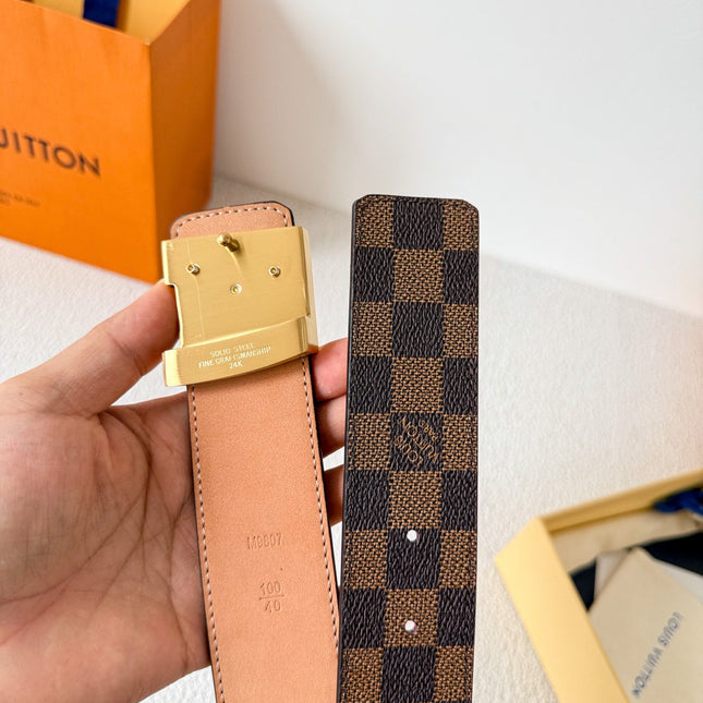 BELT 38MM IN BROWN DAMIER CALFSKIN WITH GOLD BUCKLE EMBELLISHED WITH CRYSTALS