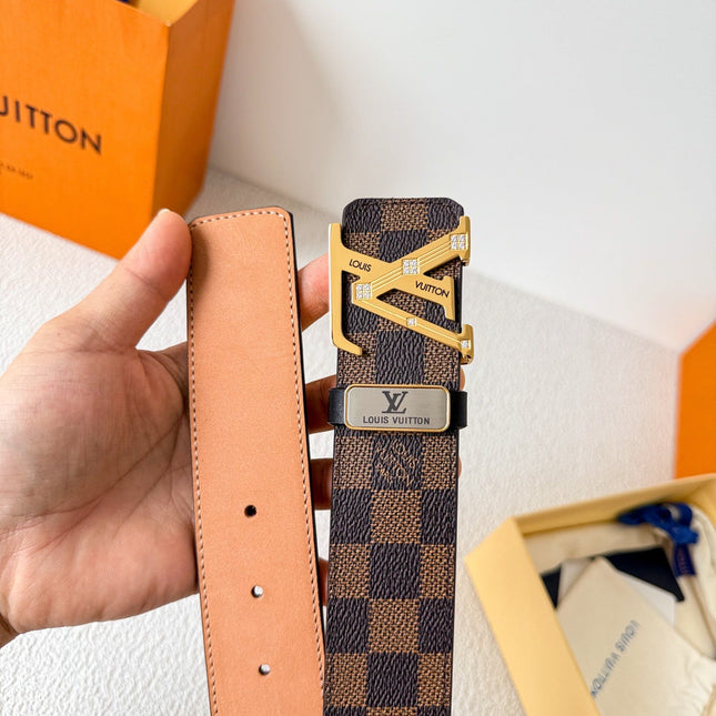 BELT 38MM IN BROWN DAMIER CALFSKIN WITH GOLD BUCKLE EMBELLISHED WITH CRYSTALS