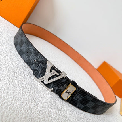 BELT 38MM REVERSIBLE IN BLACK GREY DAMIER CALFSKIN WITH SILVER BUCKLE CRYSTALS
