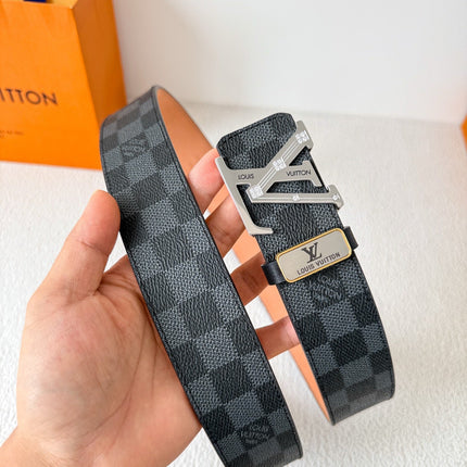 BELT 38MM REVERSIBLE IN BLACK GREY DAMIER CALFSKIN WITH SILVER BUCKLE CRYSTALS