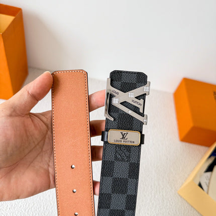 BELT 38MM REVERSIBLE IN BLACK GREY DAMIER CALFSKIN WITH SILVER BUCKLE CRYSTALS