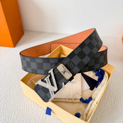 BELT 38MM REVERSIBLE IN BLACK GREY DAMIER CALFSKIN WITH SILVER BUCKLE CRYSTALS