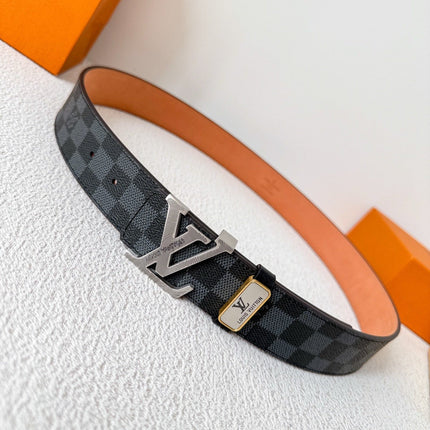 BELT SQUARE BUCKLE 38MM REVERSIBLE IN BLACK AND GREY CHECKERED CALFSKIN SILVER PLATED BUCKLE