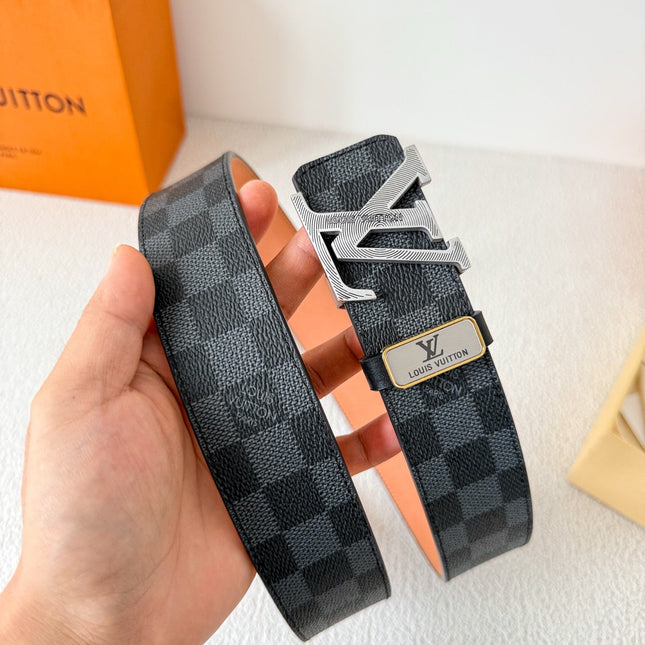 BELT SQUARE BUCKLE 38MM REVERSIBLE IN BLACK AND GREY CHECKERED CALFSKIN SILVER PLATED BUCKLE