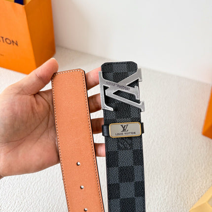 BELT SQUARE BUCKLE 38MM REVERSIBLE IN BLACK AND GREY CHECKERED CALFSKIN SILVER PLATED BUCKLE