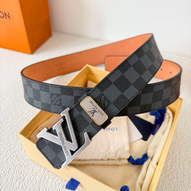 BELT SQUARE BUCKLE 38MM REVERSIBLE IN BLACK AND GREY CHECKERED CALFSKIN SILVER PLATED BUCKLE
