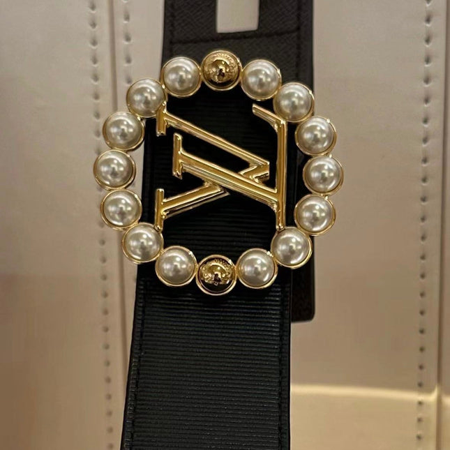 LV CIRCLE PEARL 35MM REVERSIBLE BELT IN BLACK CALFSKIN GOLD HARDWARE
