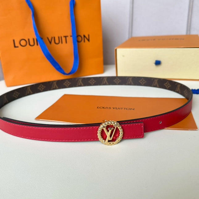 LV Circle Nautical 20mm Reversible Belt Gold Buckle Red Brown Lambskin