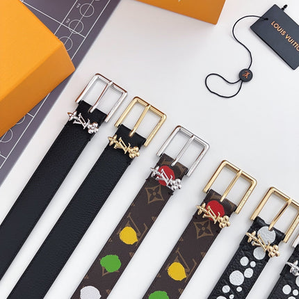LV Bloom 30mm Mutilcolor Belt Silver Buckle Black Brown Leather