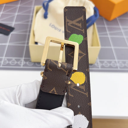 LV Bloom 30mm Mutilcolor Belt Gold Buckle Black Brown Leather