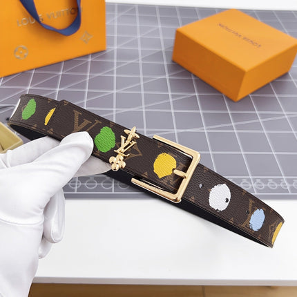 LV Bloom 30mm Mutilcolor Belt Gold Buckle Black Brown Leather