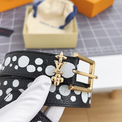 LV Bloom 30mm Belt Gold Buckle Black White Leather