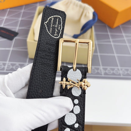 LV Bloom 30mm Belt Gold Buckle Black White Leather
