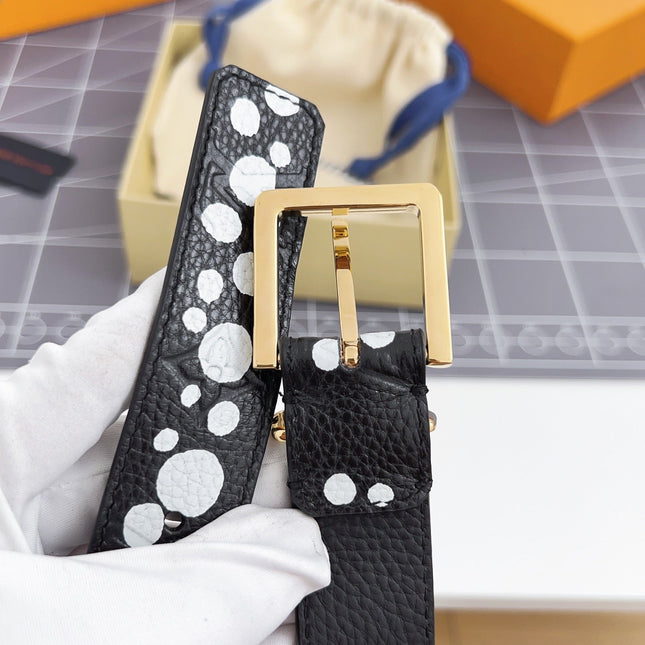 LV Bloom 30mm Belt Gold Buckle Black White Leather