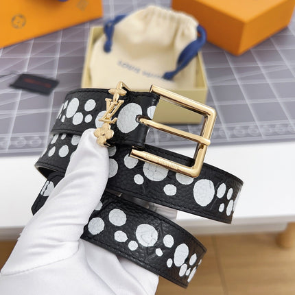 LV Bloom 30mm Belt Gold Buckle Black White Leather