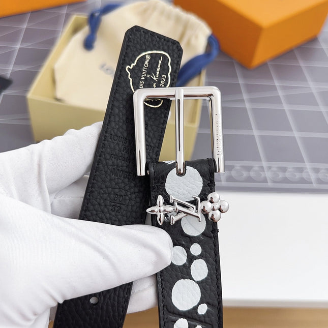 LV Bloom 30mm Belt Silver Buckle Black White Leather