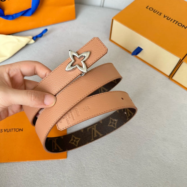 LV Flowergram 30mm Reversible Belt Silver Buckle Beige Brown Leather