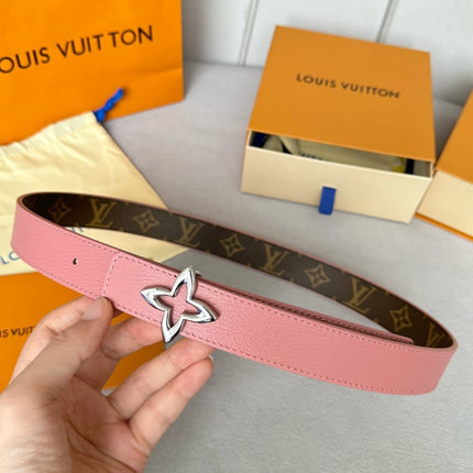 LV Flowergram 30mm Reversible Belt Silver Buckle Pink Brown Leather