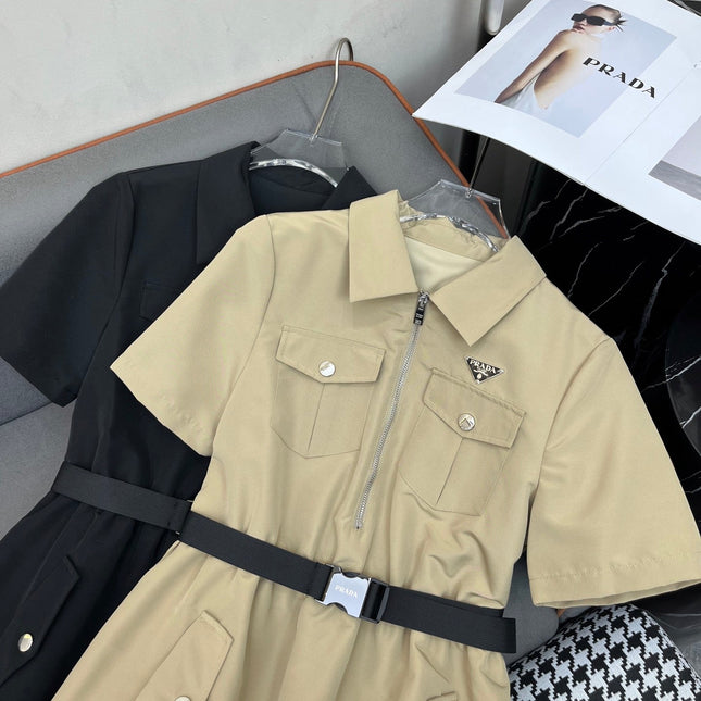 SHIRT DRESS WITH ZIP-UP COLLAR AND BELT