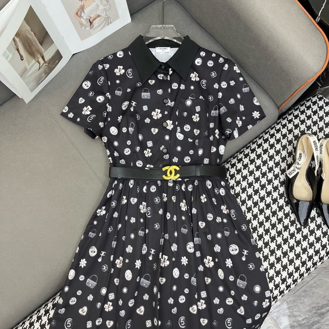 SHORT-SLEEVE BUTTON-DOWN DRESS WITH SIGNATURE LOGO BELT