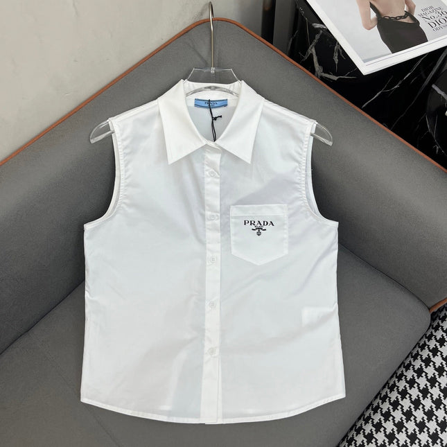 WHITE SLEEVELESS BUTTON-UP SHIRT