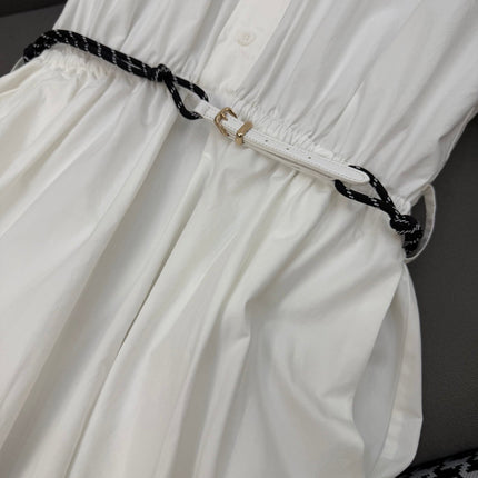 MM LONG DRESS IN WHITE TEXTURED FABRIC WITH BELT
