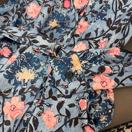 LV LONG-SLEEVE FLORAL PRINT SHIRT DRESS IN BLUE