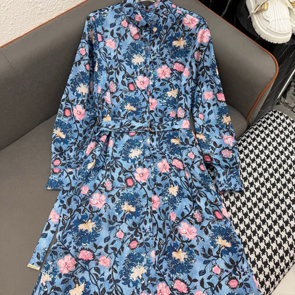 LV LONG-SLEEVE FLORAL PRINT SHIRT DRESS IN BLUE