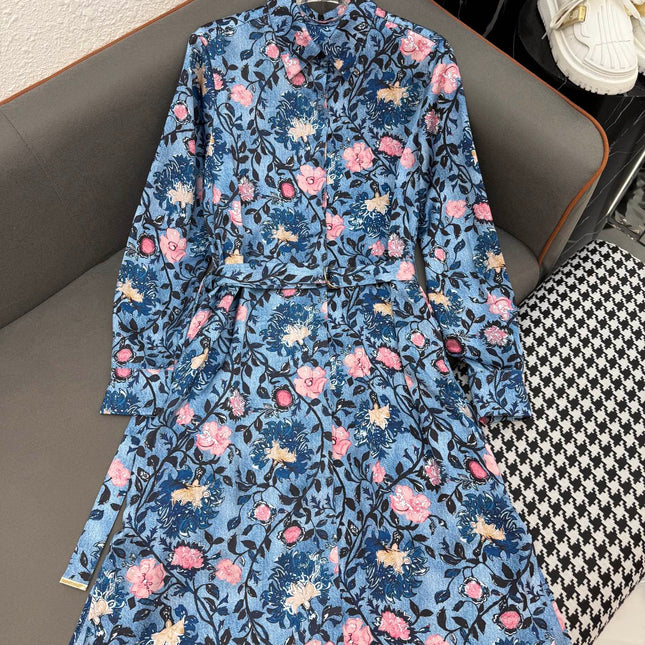 LV LONG-SLEEVE FLORAL PRINT SHIRT DRESS IN BLUE