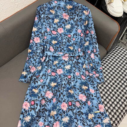 LV LONG-SLEEVE FLORAL PRINT SHIRT DRESS IN BLUE