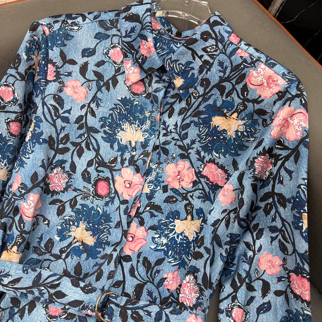 LV LONG-SLEEVE FLORAL PRINT SHIRT DRESS IN BLUE
