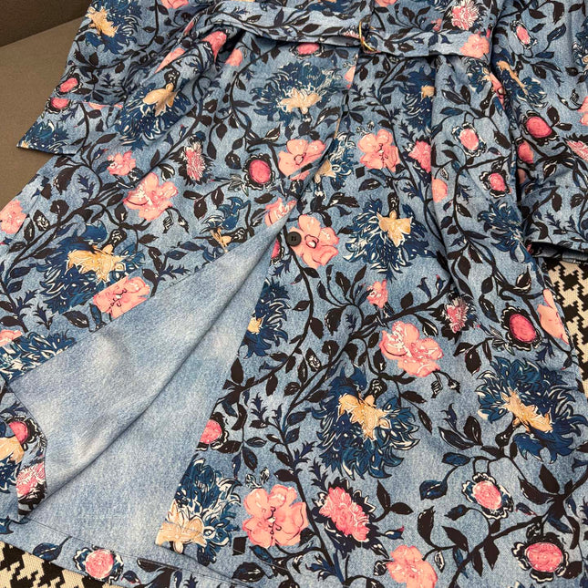 LV LONG-SLEEVE FLORAL PRINT SHIRT DRESS IN BLUE