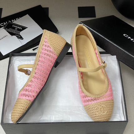 BALLET MARY JANE 10MM IN NATURAL BEIGE AND PINK RAFFIA