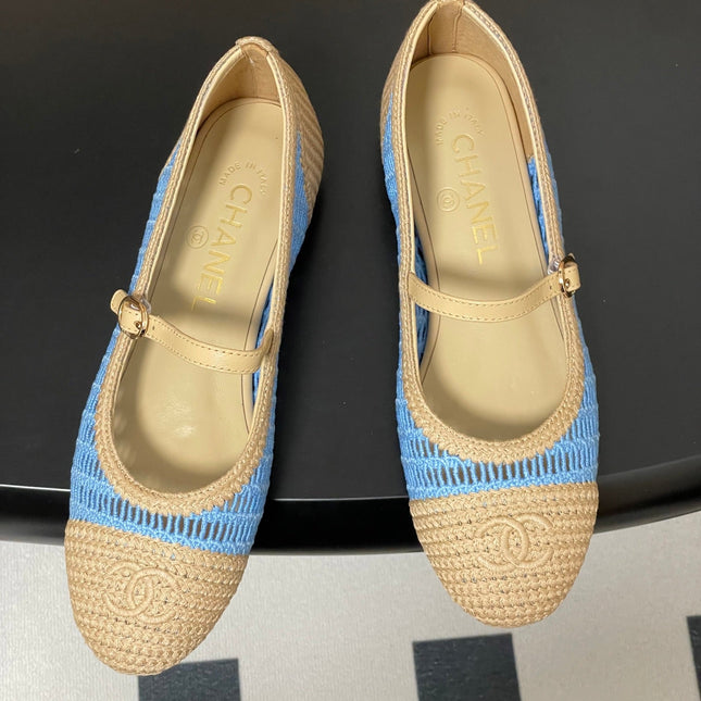 BALLET MARY JANE 10MM IN NATURAL BEIGE AND BLUE RAFFIA