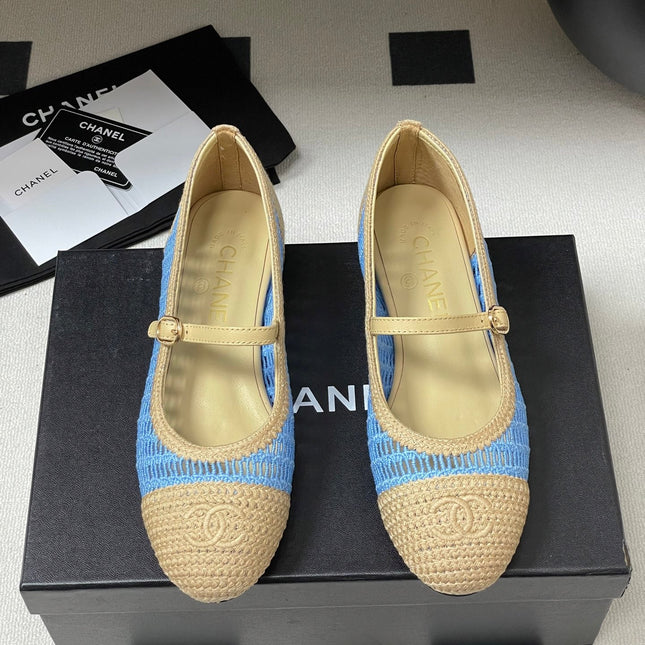 BALLET MARY JANE 10MM IN NATURAL BEIGE AND BLUE RAFFIA