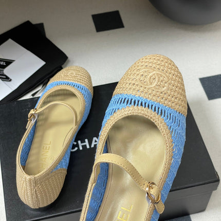 BALLET MARY JANE 10MM IN NATURAL BEIGE AND BLUE RAFFIA