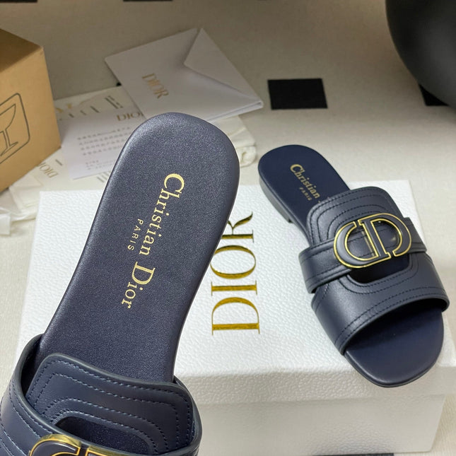 DIOR CLASSIC MONTAIGNE SANDALS 25S IN MIDNIGHT BLUE LAMBSKIN WITH CD LOGO